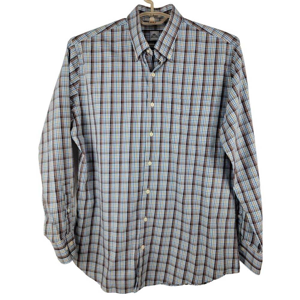Peter Millar Mens Long Sleeve Plaid Check Brown Blue Button Shirt Large Cotton